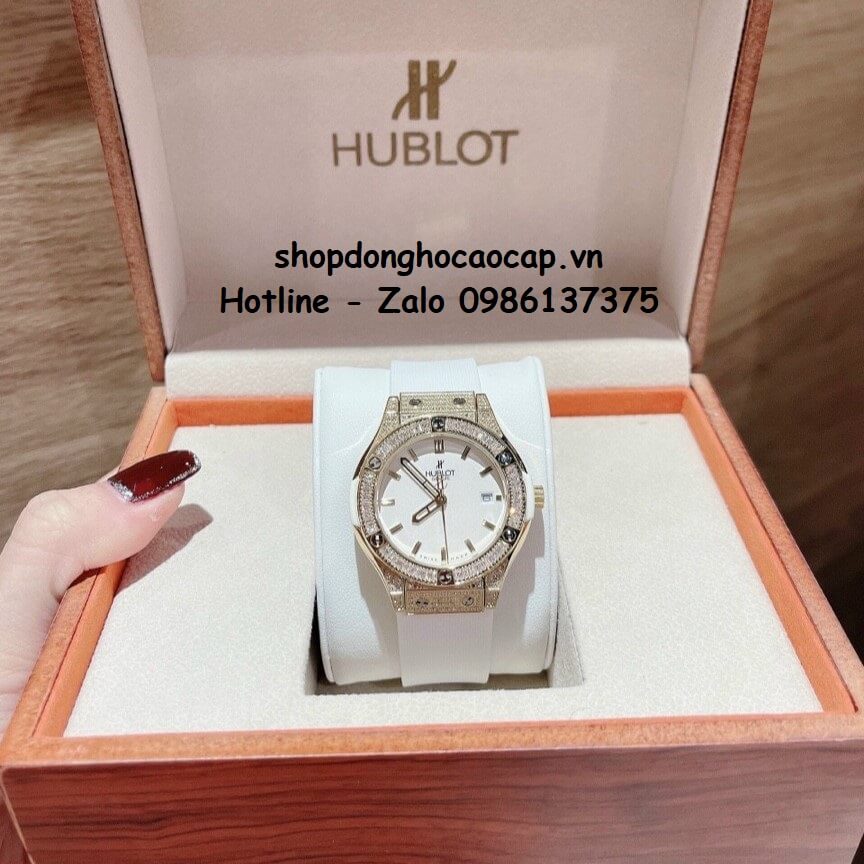 Đồng Hồ Cặp Hublot Classic Fusion Quartz Silicon Trắng Gold