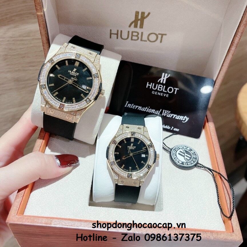 Đồng Hồ Cặp Hublot Classic Fusion Quartz Dây Silicon Đen Gold