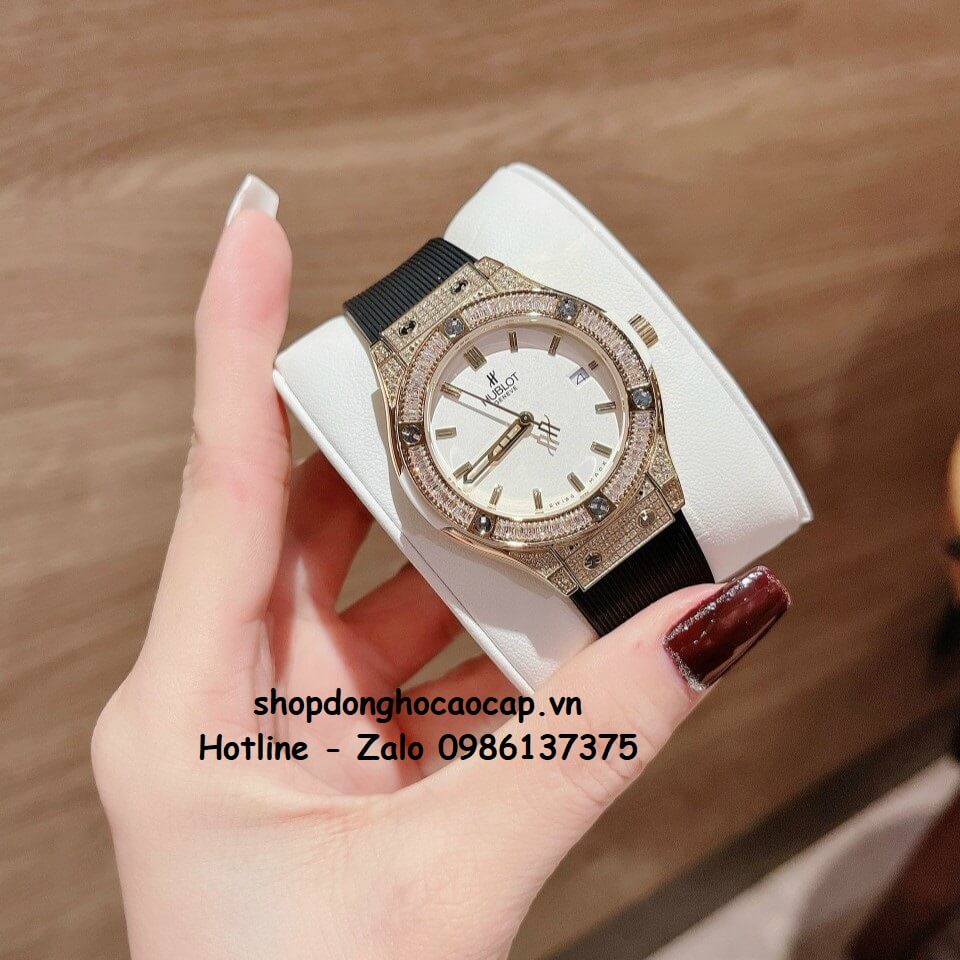 Đồng Hồ Cặp Hublot Classic Fusion Quartz Silicon Đen Mặt Trắng Gold