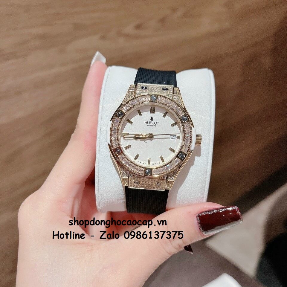 Đồng Hồ Cặp Hublot Classic Fusion Quartz Silicon Đen Mặt Trắng Gold