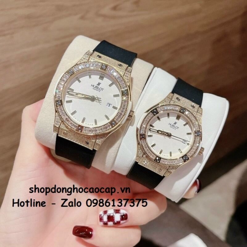 Đồng Hồ Cặp Hublot Classic Fusion Quartz Silicon Đen Mặt Trắng Gold