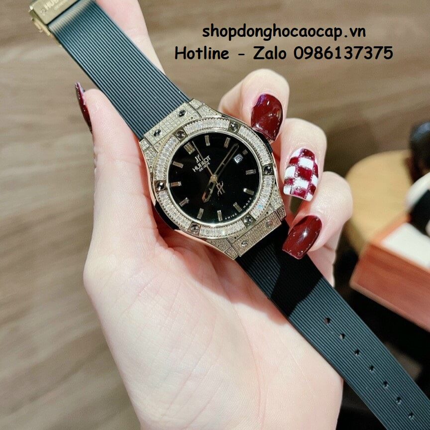 Đồng Hồ Cặp Hublot Classic Fusion Quartz Dây Silicon Đen Gold