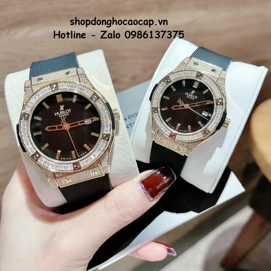 Đồng Hồ Cặp Hublot Classic Fusion Quartz Dây Silicon Đen Gold