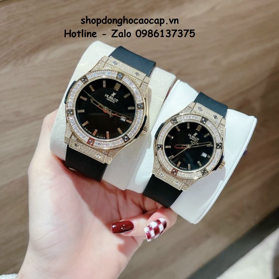 Đồng Hồ Cặp Hublot Classic Fusion Quartz Dây Silicon Đen Gold