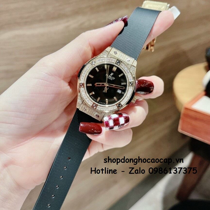 Đồng Hồ Cặp Hublot Classic Fusion Quartz Dây Silicon Đen Gold