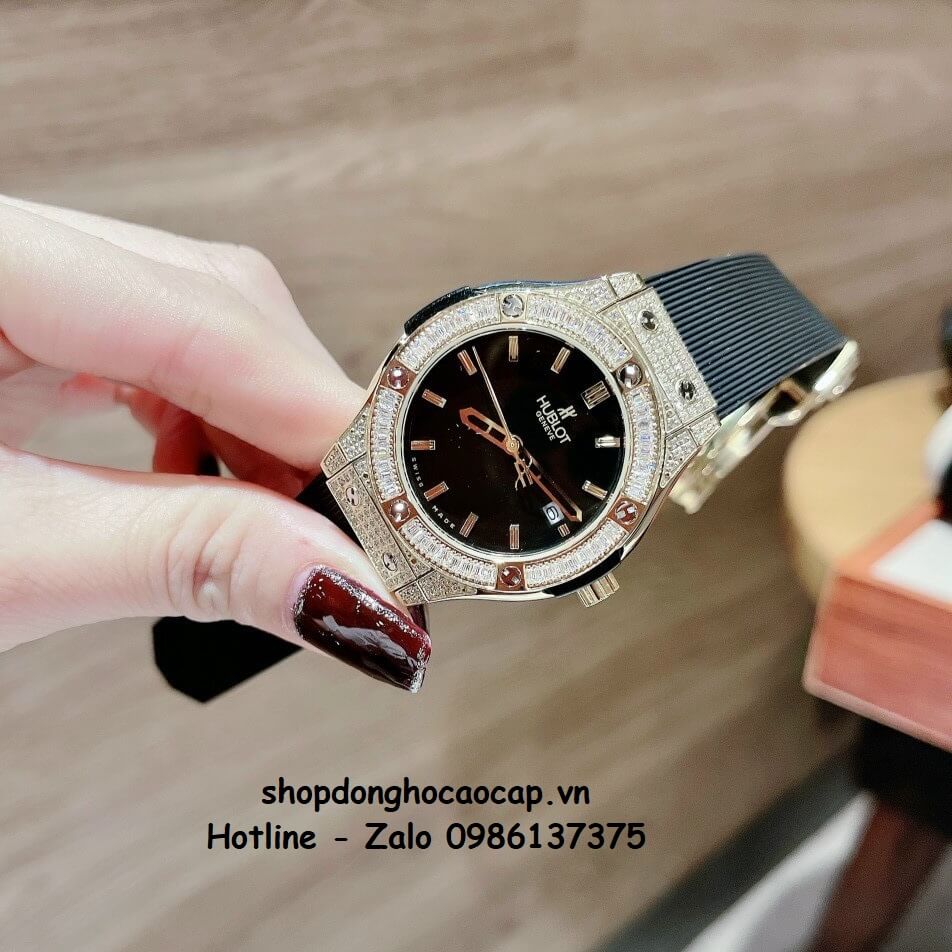 Đồng Hồ Cặp Hublot Classic Fusion Quartz Dây Silicon Đen Gold