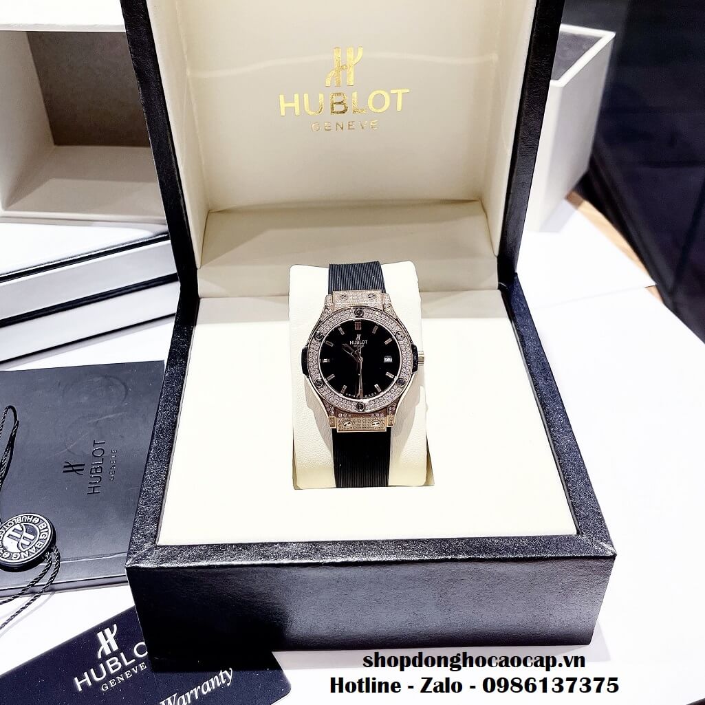 Đồng Hồ Cặp Hublot Classic Fusion Quartz Silicon Đen Đính Đá Mịn