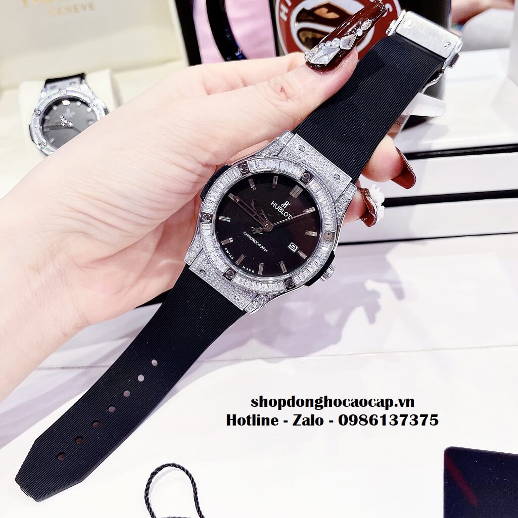 Đồng Hồ Cặp Hublot Classic Fusion Quartz Silicon Đen Đính Đá Ống