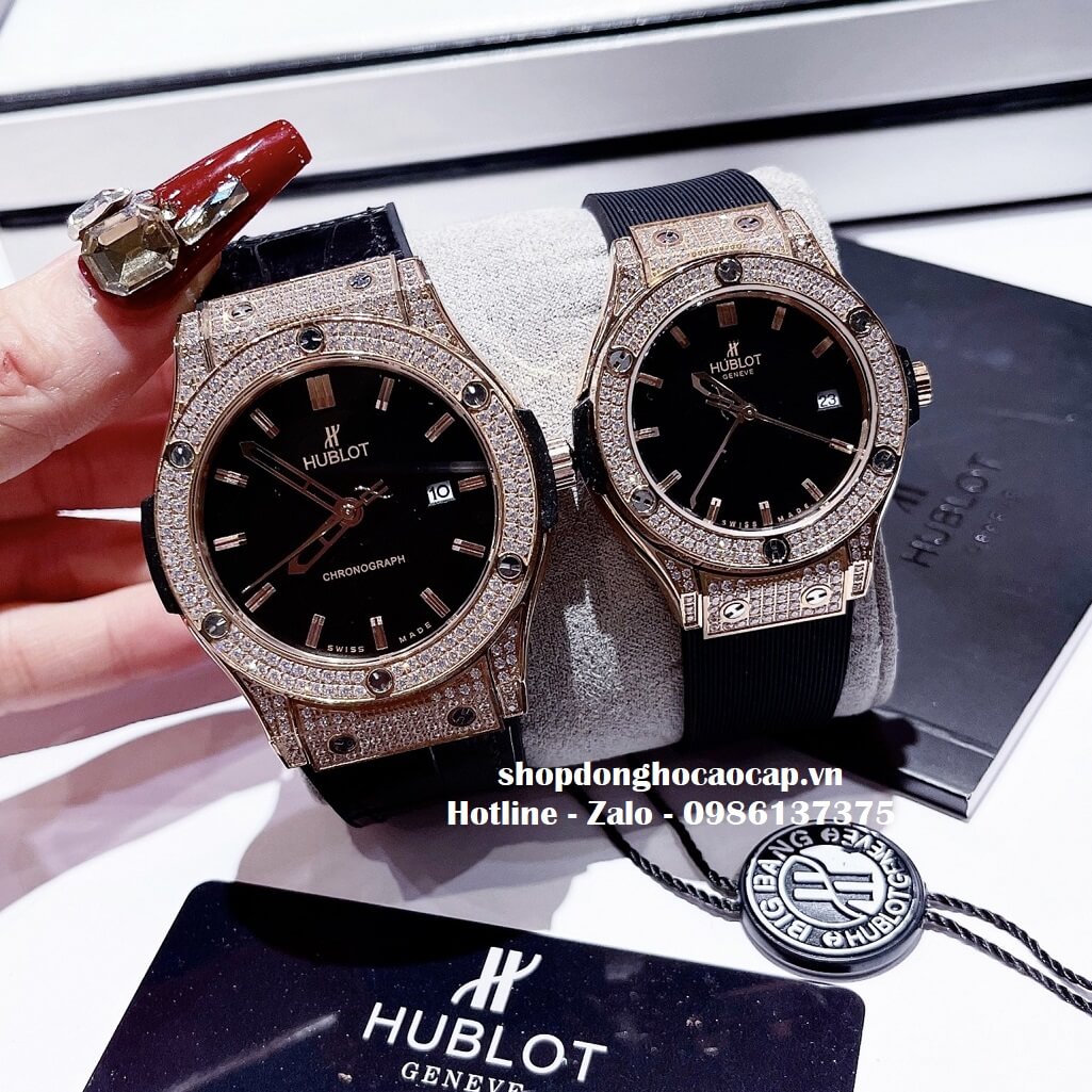 Đồng Hồ Cặp Hublot Classic Fusion Quartz Silicon Đen Đính Đá Mịn