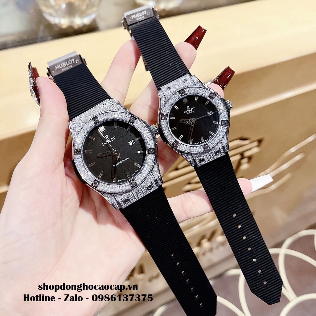 Đồng Hồ Cặp Hublot Classic Fusion Quartz Silicon Đen Đính Đá Ống