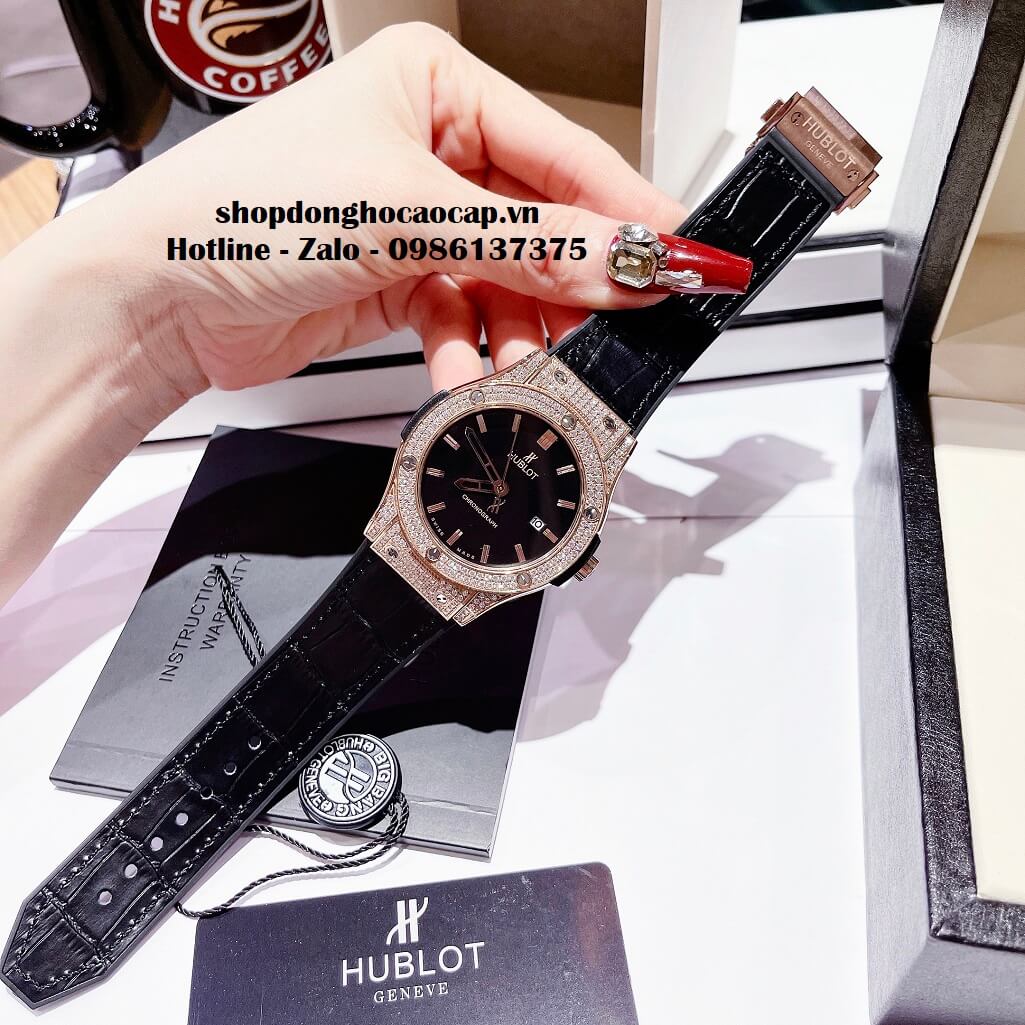 Đồng Hồ Cặp Hublot Classic Fusion Quartz Silicon Đen Đính Đá Mịn