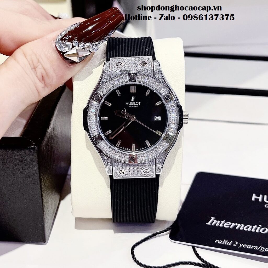 Đồng Hồ Cặp Hublot Classic Fusion Quartz Silicon Đen Đính Đá Ống