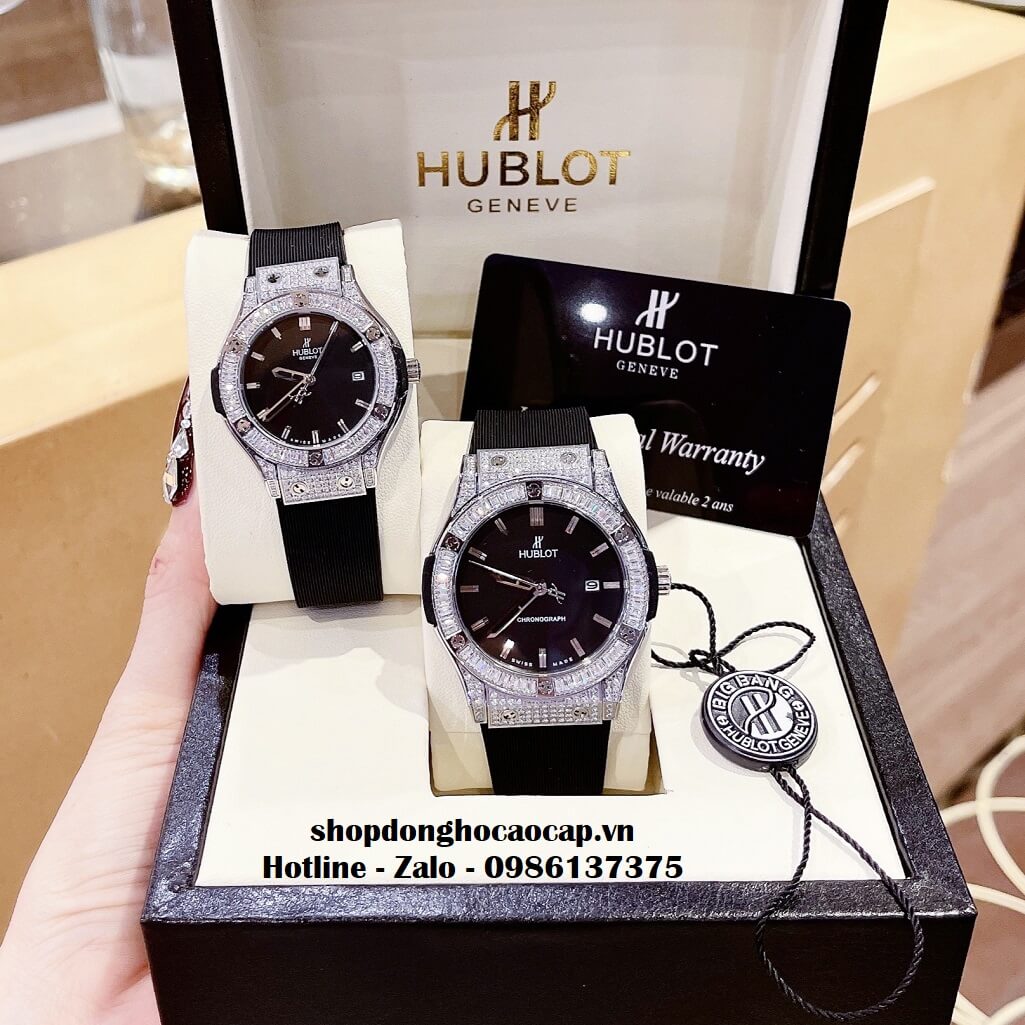 Đồng Hồ Cặp Hublot Classic Fusion Quartz Silicon Đen Đính Đá Ống