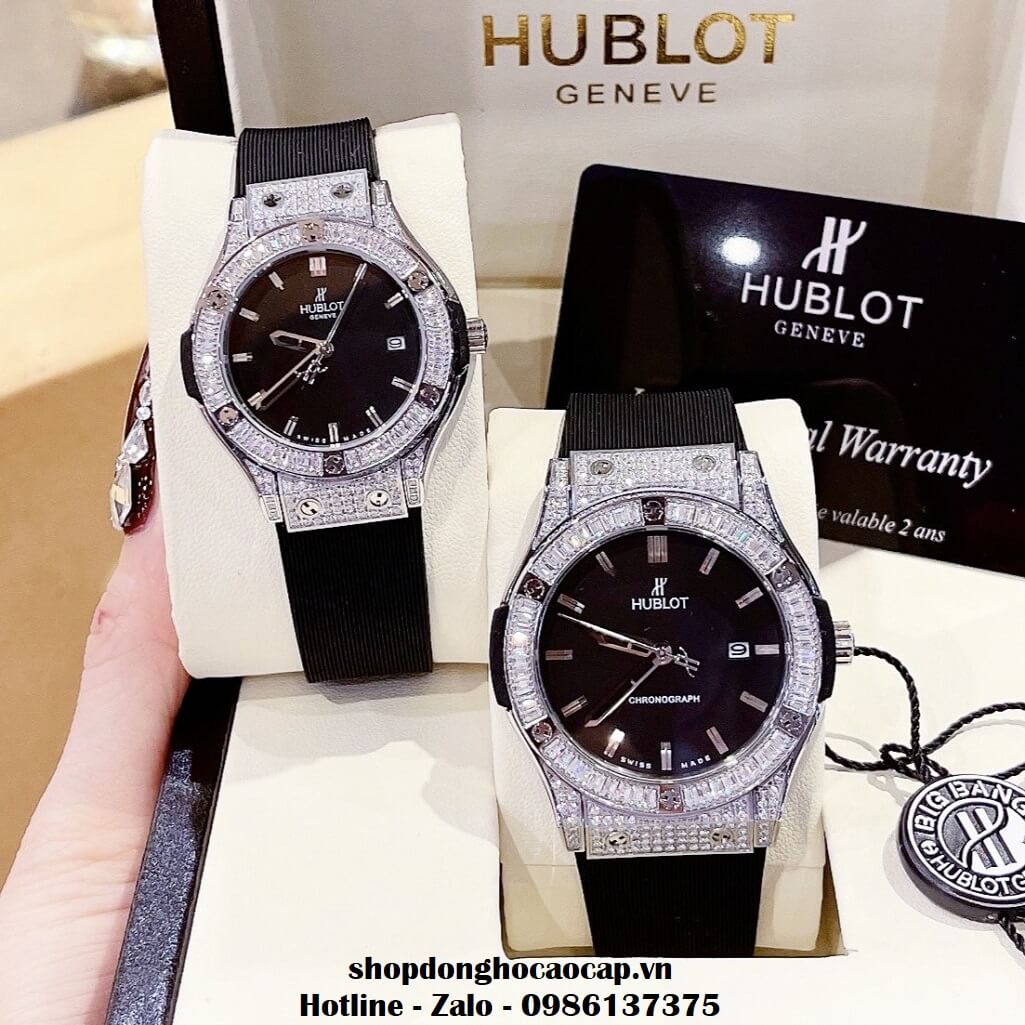 Đồng Hồ Cặp Hublot Classic Fusion Quartz Silicon Đen Đính Đá Ống