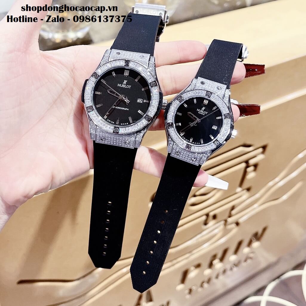 Đồng Hồ Cặp Hublot Classic Fusion Quartz Silicon Đen Đính Đá Ống