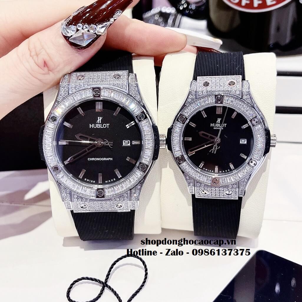 Đồng Hồ Cặp Hublot Classic Fusion Quartz Silicon Đen Đính Đá Ống Silver
