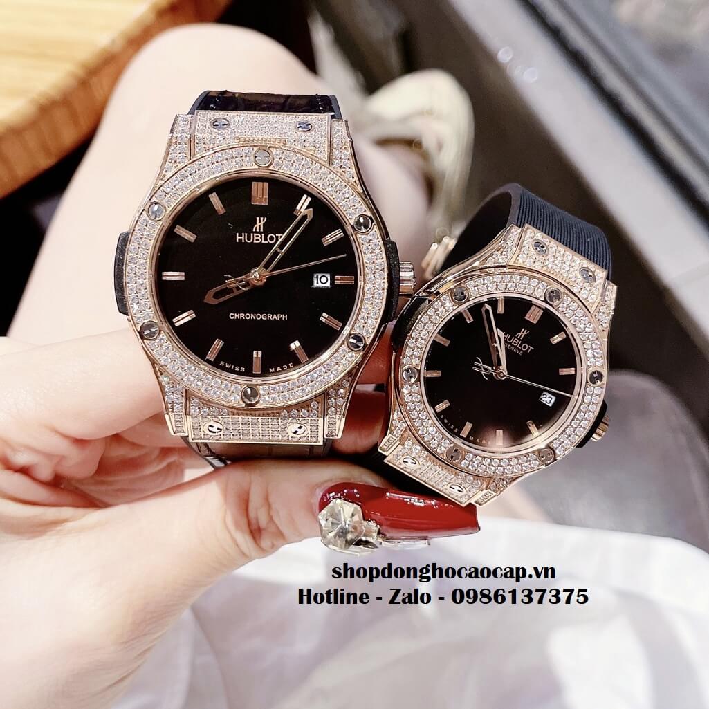 Đồng Hồ Cặp Hublot Classic Fusion Quartz Silicon Đen Đính Đá Mịn