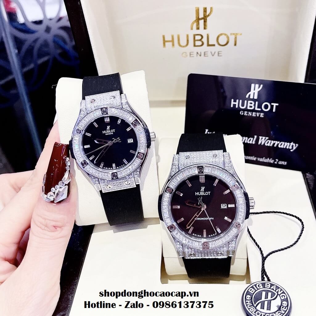 Đồng Hồ Cặp Hublot Classic Fusion Quartz Silicon Đen Đính Đá Ống