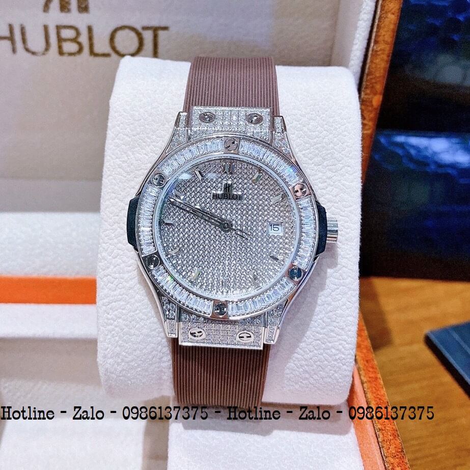 Đồng Hồ Nữ Hublot Silicon Nâu Đính Đá Siêu Cấp 34mm