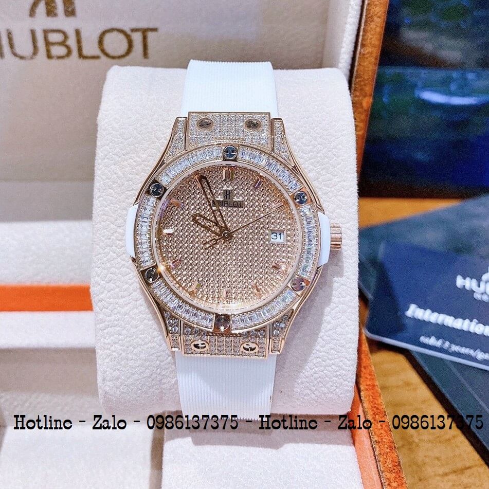 Đồng Hồ Nữ Hublot Silicon Trắng Đính Đá Siêu Cấp 34mm Rose