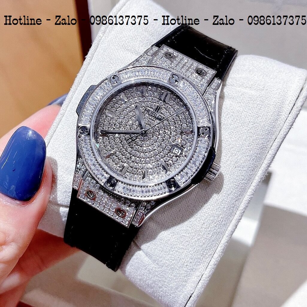 Đồng Hồ Hublot Đính Full Đá Nữ Da Silicon Đen 34mm Silver
