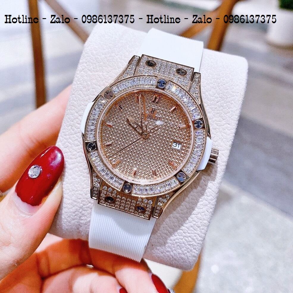 Đồng Hồ Nữ Hublot Silicon Trắng Đính Đá Siêu Cấp 34mm Rose