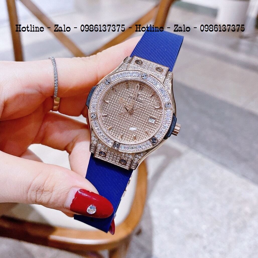Đồng Hồ Nữ Hublot Silicon Xanh Đính Đá Siêu Cấp 34mm Rose