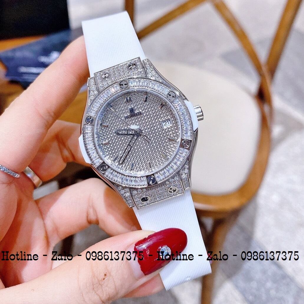 Đồng Hồ Nữ Hublot Silicon Trắng Đính Đá Siêu Cấp 34mm