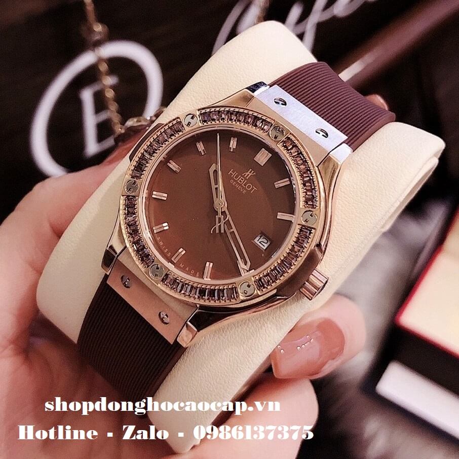 Đồng Hồ Hublot Nữ Cao Cấp Dây Silicon Nâu Đính Đá Nâu Rose 34mm