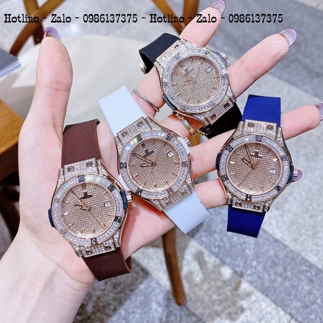 Đồng Hồ Nữ Hublot Silicon Trắng Đính Đá Siêu Cấp 34mm Rose