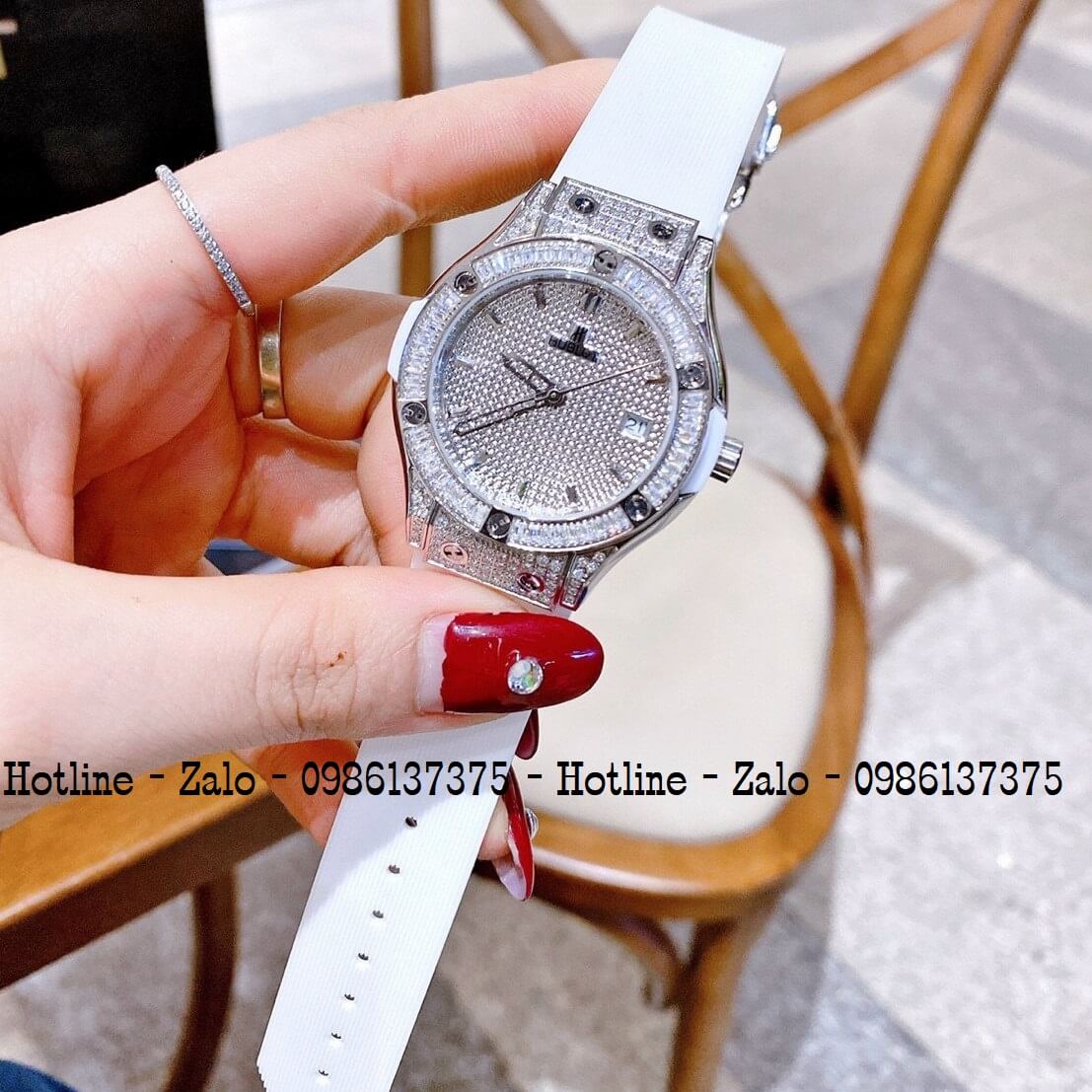 Đồng Hồ Nữ Hublot Silicon Trắng Đính Đá Siêu Cấp 34mm