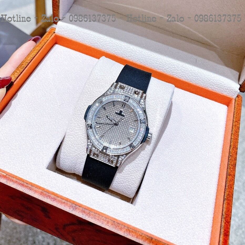 Đồng Hồ Nữ Hublot Silicon Đen Đính Đá Siêu Cấp 34mm