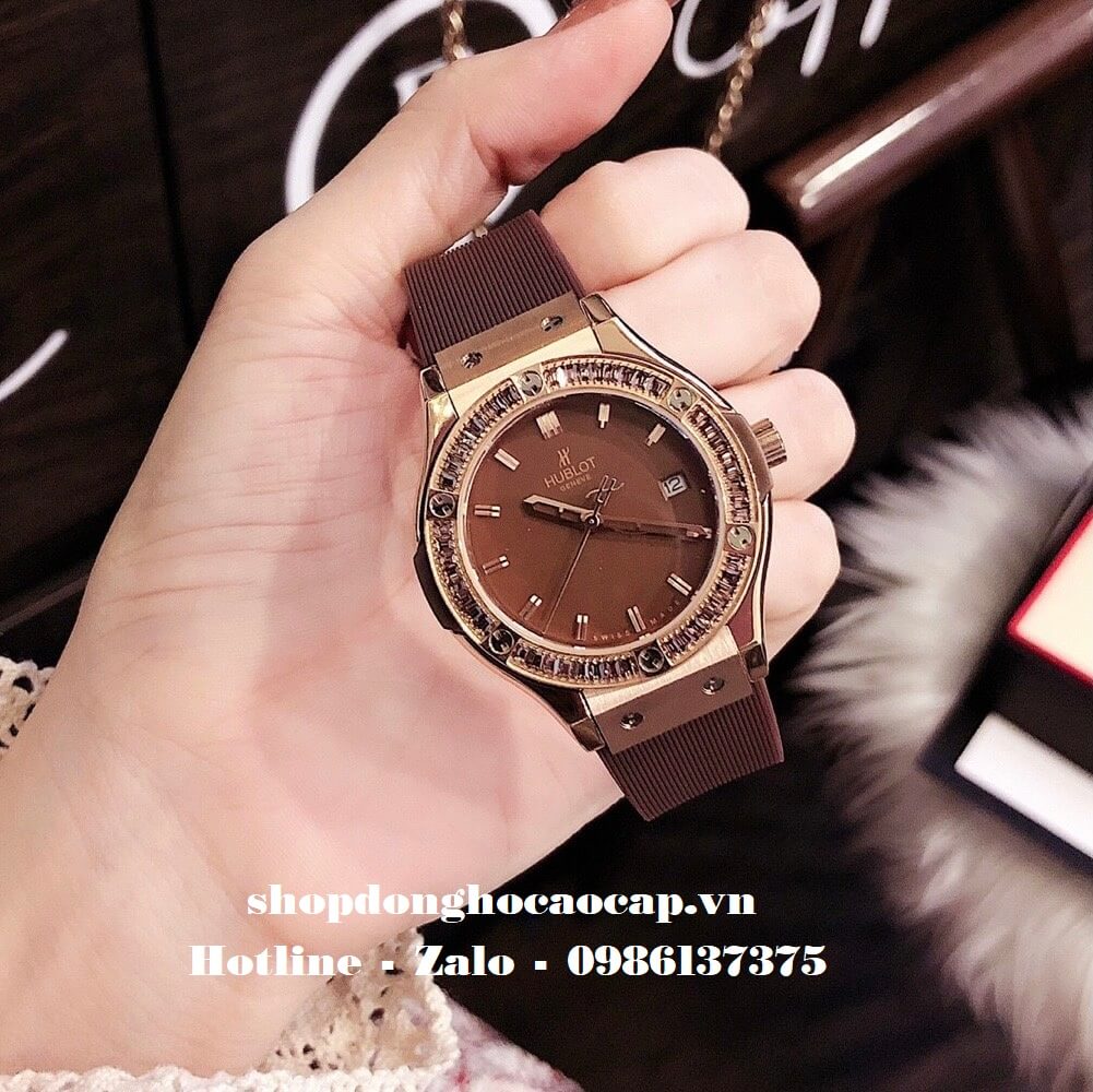 Đồng Hồ Hublot Nữ Cao Cấp Dây Silicon Nâu Đính Đá Nâu Rose 34mm