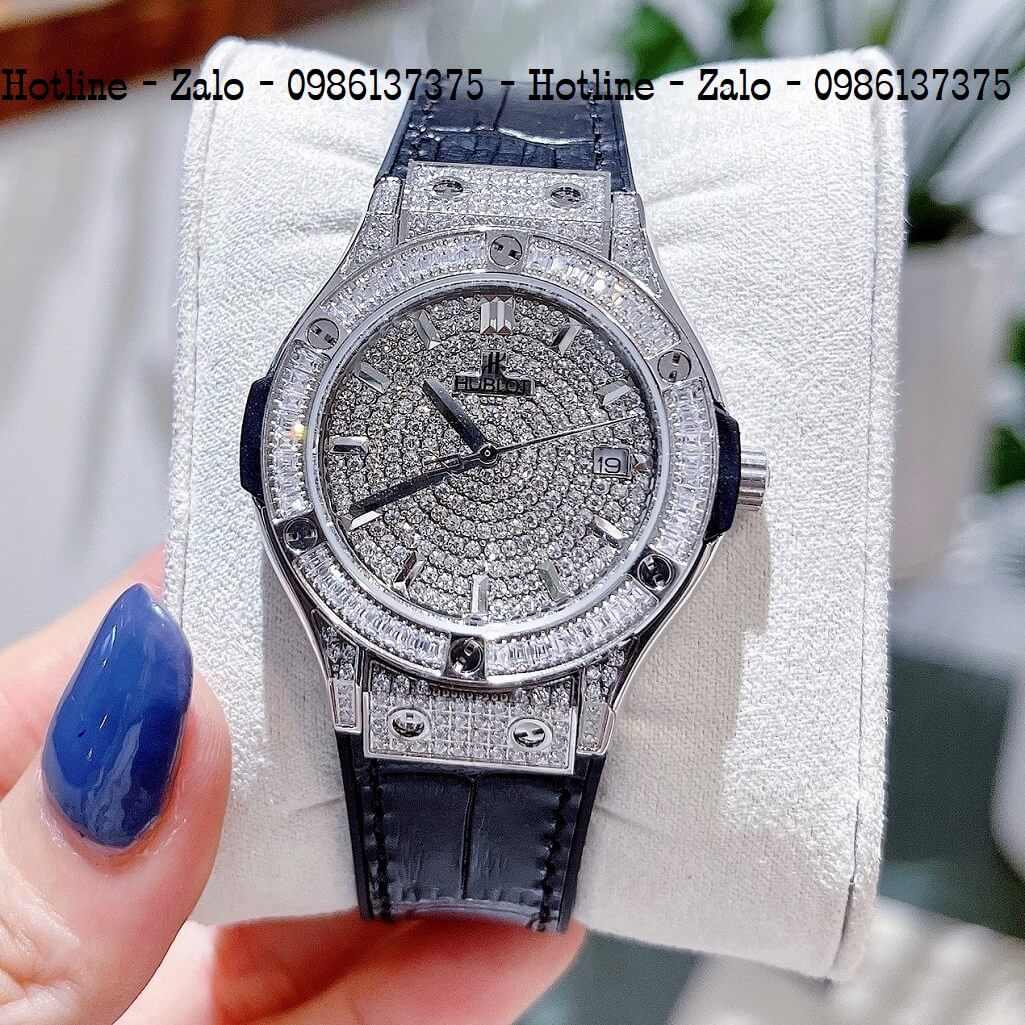 Đồng Hồ Hublot Đính Full Đá Nữ Da Silicon Đen 34mm Silver