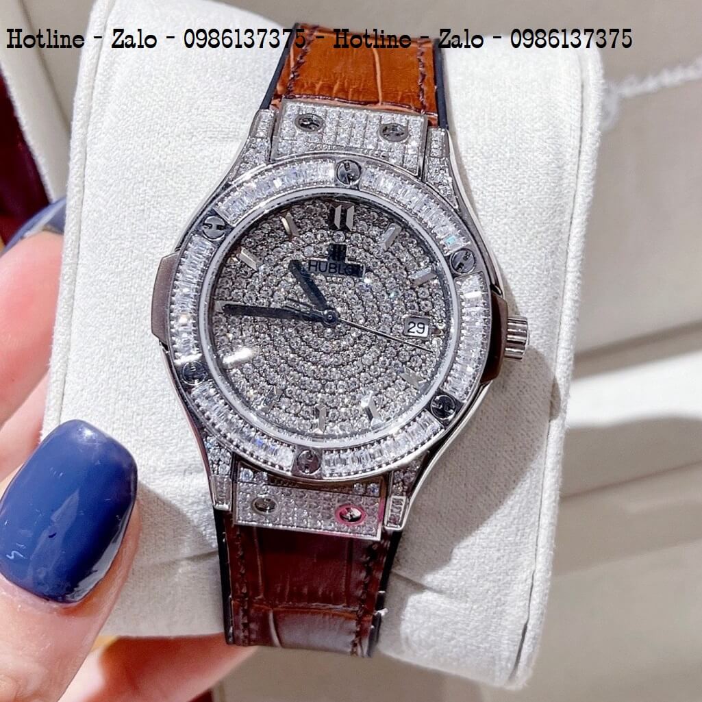 Đồng Hồ Hublot Đính Full Đá Nữ Da Silicon Nâu 34mm Silver