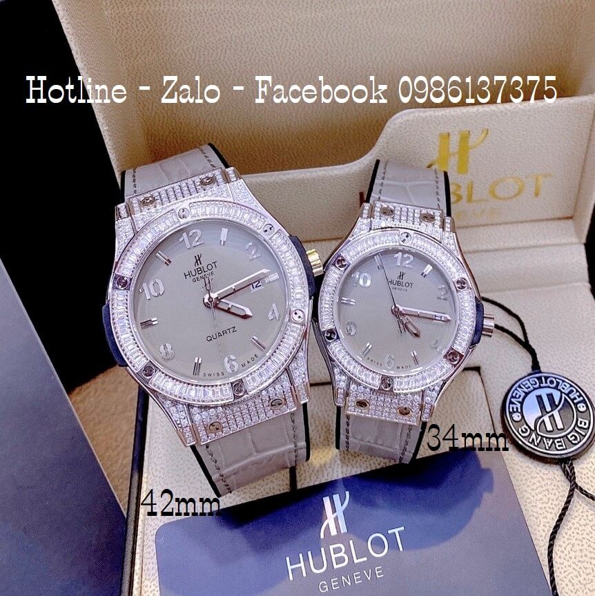 Đồng Hồ Hublot Cặp Dây Da Silicon Xám Đính Đá 42mm-34mm