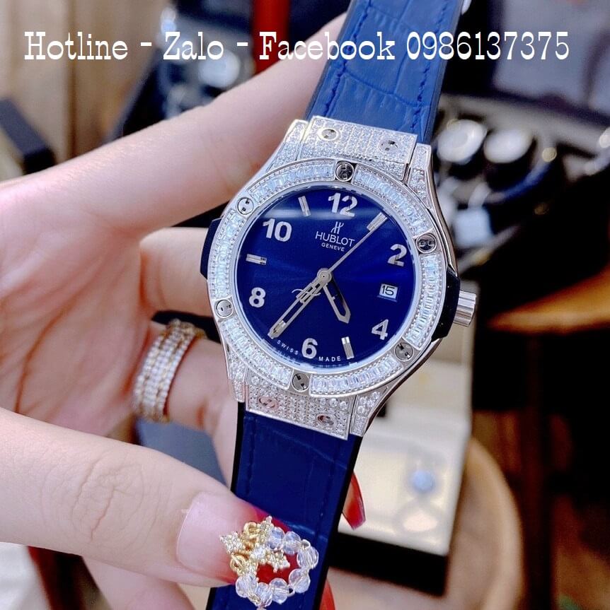 Đồng Hồ Hublot Cặp Dây Da Silicon Xanh Đính Đá Vỏ Bạc