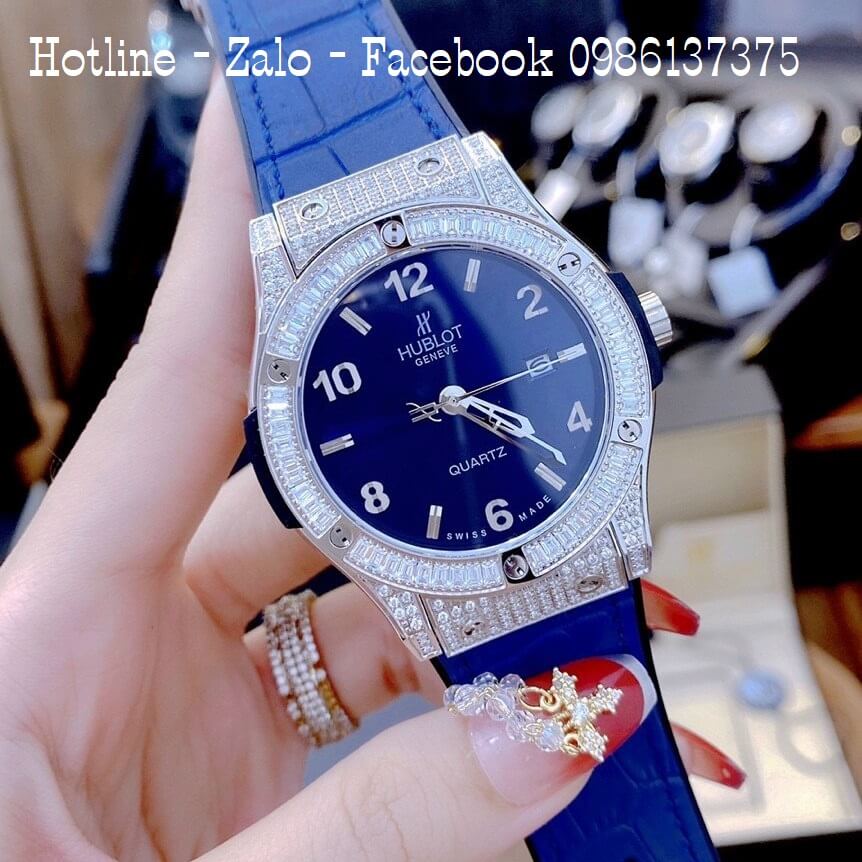 Đồng Hồ Hublot Cặp Dây Da Silicon Xanh Đính Đá Vỏ Bạc