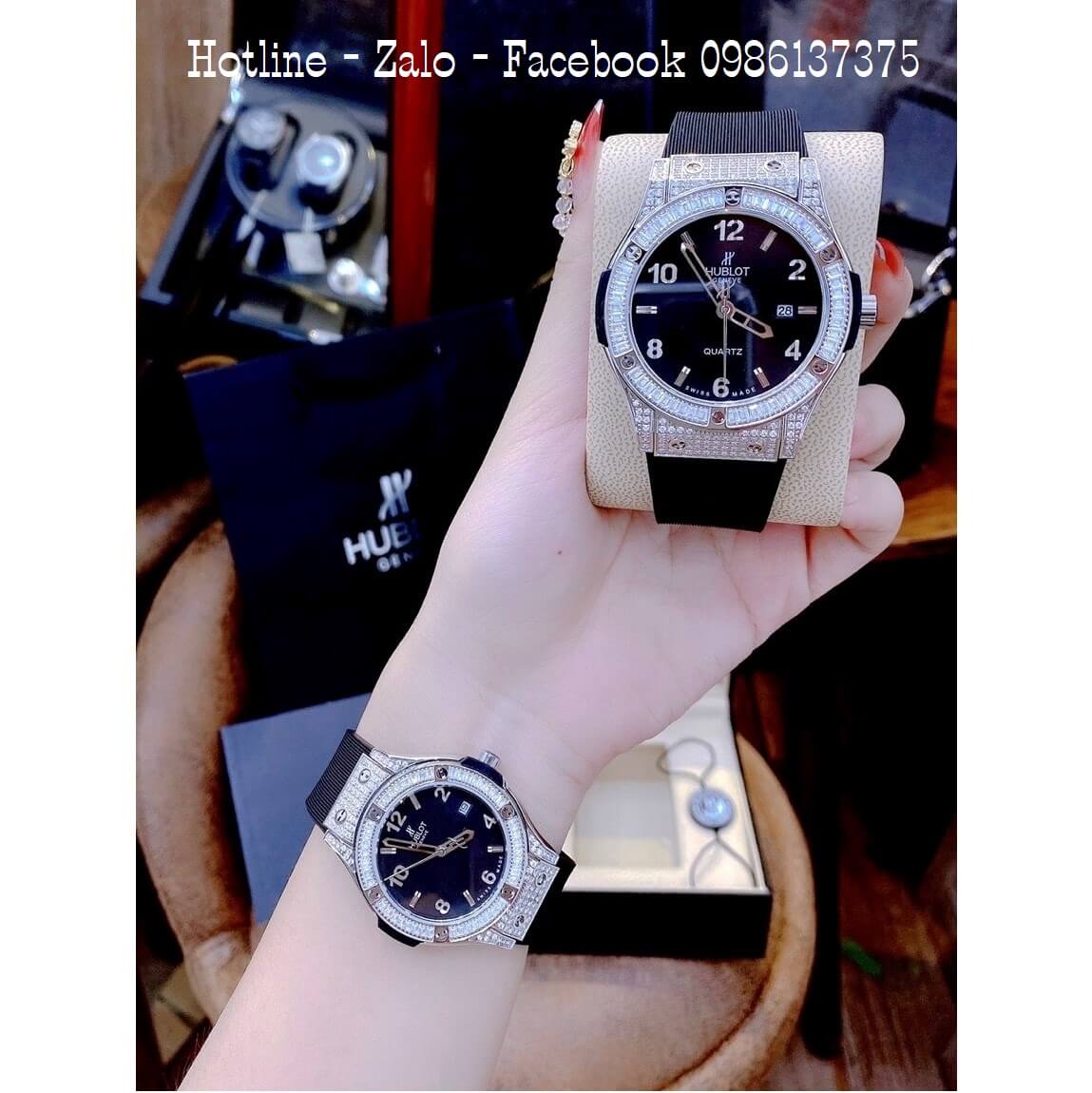 Đồng Hồ Hublot Cặp Silicon Đen Đính Đá 42mm 34mm Máy Quartz