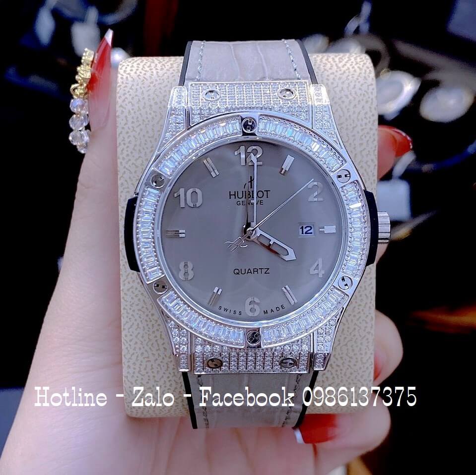 Đồng Hồ Hublot Cặp Dây Da Silicon Xám Đính Đá 42mm-34mm