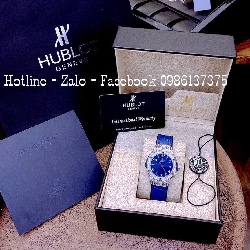 Đồng Hồ Hublot Cặp Dây Da Silicon Xanh Đính Đá Vỏ Bạc