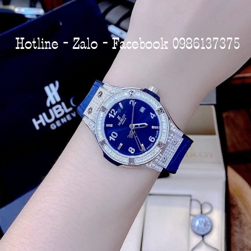 Đồng Hồ Hublot Cặp Dây Da Silicon Xanh Đính Đá Vỏ Bạc