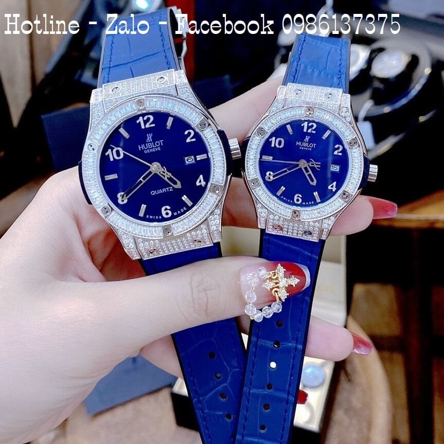 Đồng Hồ Hublot Cặp Dây Da Silicon Xanh Đính Đá Vỏ Bạc