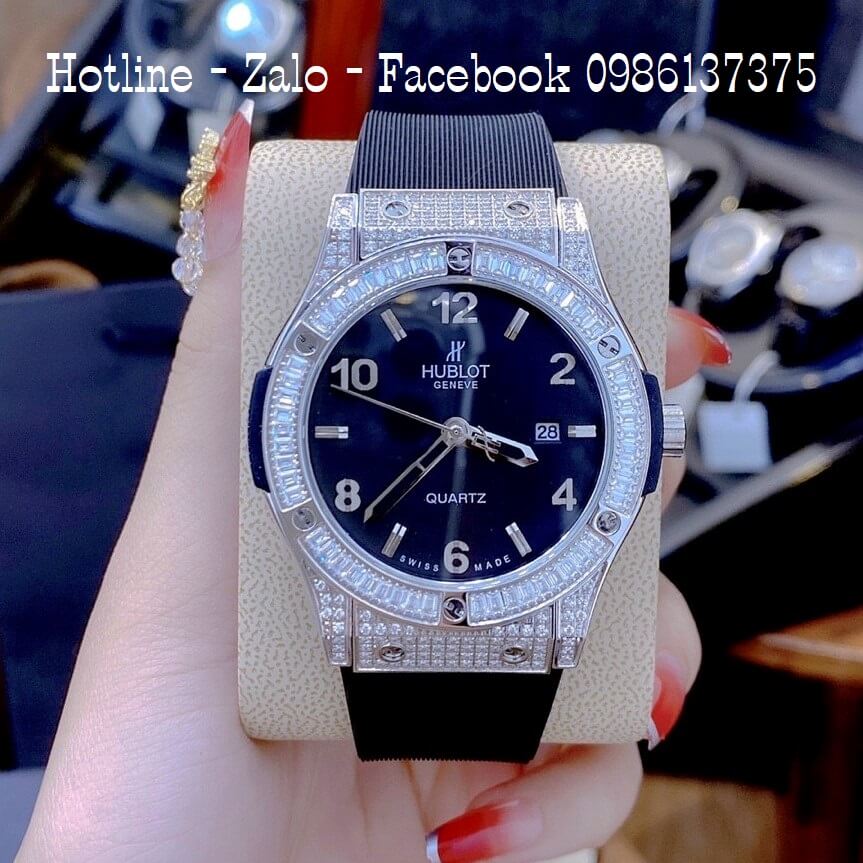 Đồng Hồ Hublot Cặp Silicon Đen Đính Đá 42mm 34mm Máy Quartz