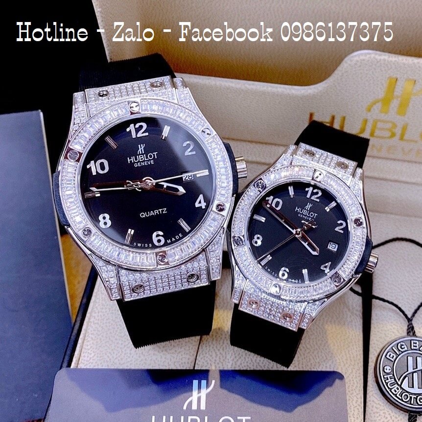 Đồng Hồ Hublot Cặp Dây Silicon Đen Đính Đá Silver 42mm - 34mm