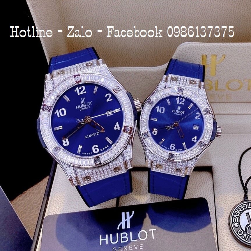 Đồng Hồ Hublot Cặp Dây Da Silicon Xanh Đính Đá Vỏ Bạc