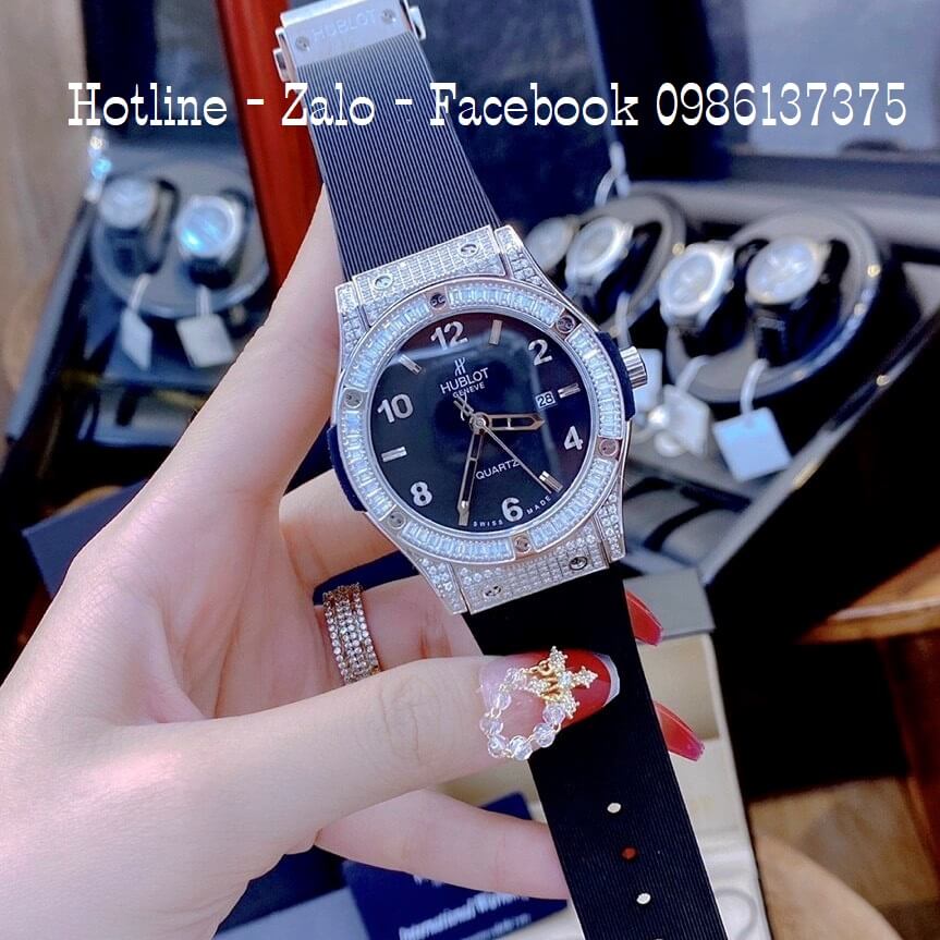 Đồng Hồ Hublot Cặp Silicon Đen Đính Đá 42mm 34mm Máy Quartz