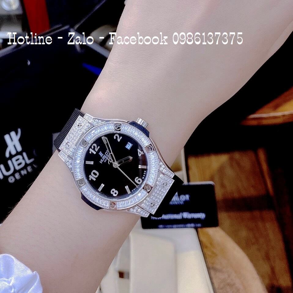 Đồng Hồ Hublot Cặp Silicon Đen Đính Đá 42mm 34mm Máy Quartz