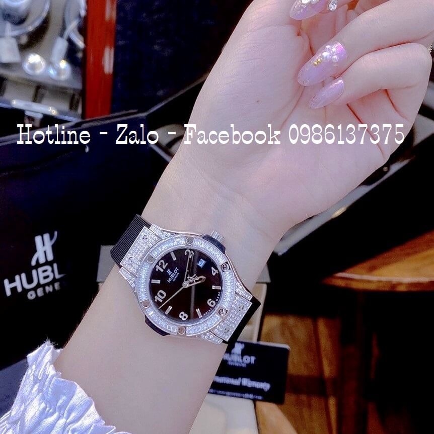Đồng Hồ Hublot Cặp Silicon Đen Đính Đá 42mm 34mm Máy Quartz