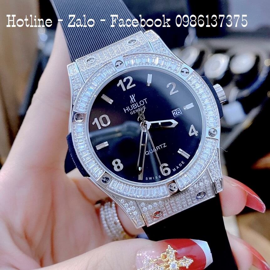 Đồng Hồ Hublot Cặp Silicon Đen Đính Đá 42mm 34mm Máy Quartz